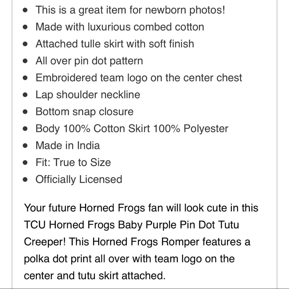 Tcu HORNED FROGS BABY PURPLE PIN DOT TUTU SHORT SLEEVE ONE PIECE - Picture 3 of 3